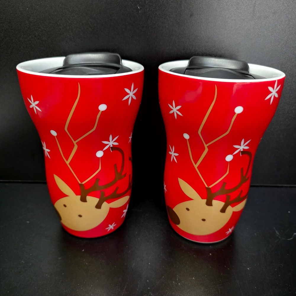 Coldwater Creek Travel Mug 11oz Red Reindeer Snowflake Holiday 2pc Set
